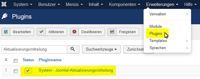 Joomla!-Aktualisierung: Automatische E-Mail deaktivieren